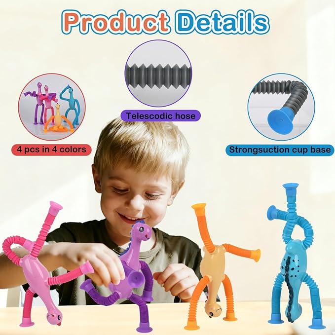 Dinosaur Pop Tubes Fidget Toys, 4 Pack Telescopic Suction Cup Toy for Kids Toddlers, Animal Autism Sensory Toy for Boys Girls, Funny Stocking Stuffers for Boys Girls Christmas Birthday Gift