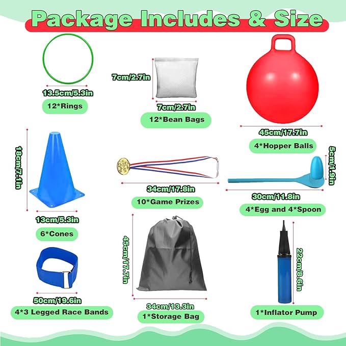 58PCS Carnival Outdoor Games Combo Set,17.7IN Hopper Balls with Handle,Egg Spoon Relay Race,Soft Plastic Cones Bean Bags Ring Toss Game,3 Legged Race for Family Reunion Outside Field Day Easter Games