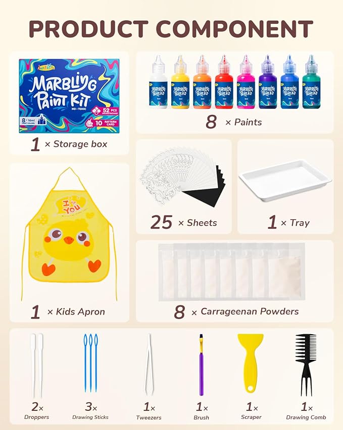 JUPITEARTH 52Pcs Water Marbling Paint Kit, Arts and Crafts for Girls & Boys, Art Supplies for Kids Ages 3-5 4-8 8-12, Marbling Paint for DIY Crafts, Christmas and Birthday Gifts