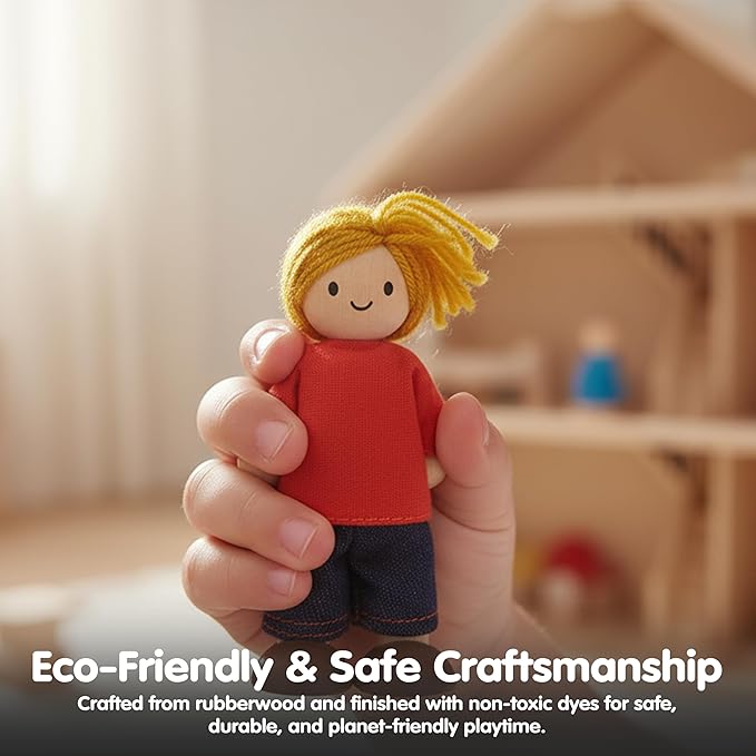 PlanToys® Boy Wooden Dollhouse Figurine | Poseable 1:12 Scale Mini Doll (4 Inch) | Dollhouse Accessories for Pretend Play | Eco-Friendly Montessori Toy for Kids Ages 3+