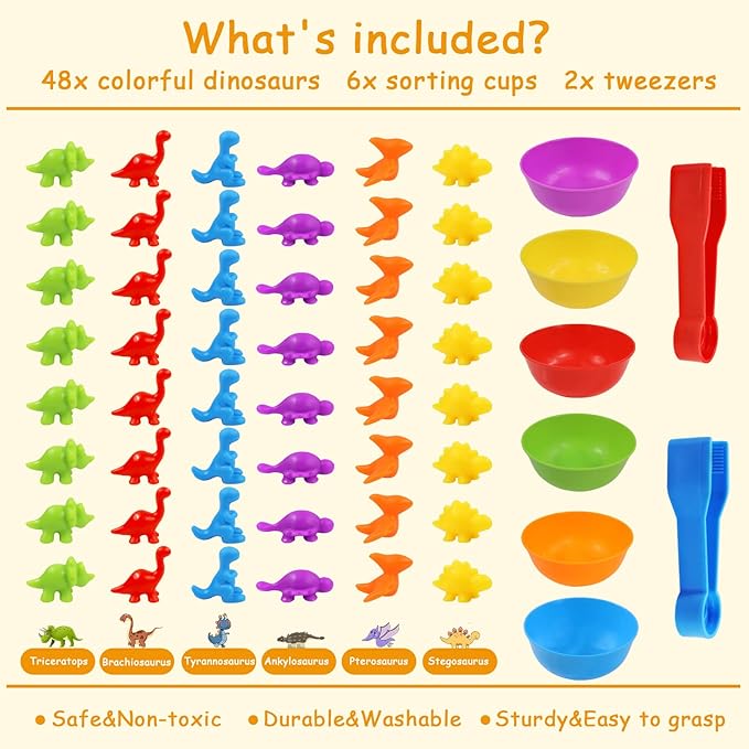RAEQKS Counting Sorting Dinosaur Toys Montessori Sensory Matching Toy with Bowls Preschool Learning Activities Educational Stacking STEM Game Animals Gifts Sets for Kids Aged 3+ Years Old Boys Girls