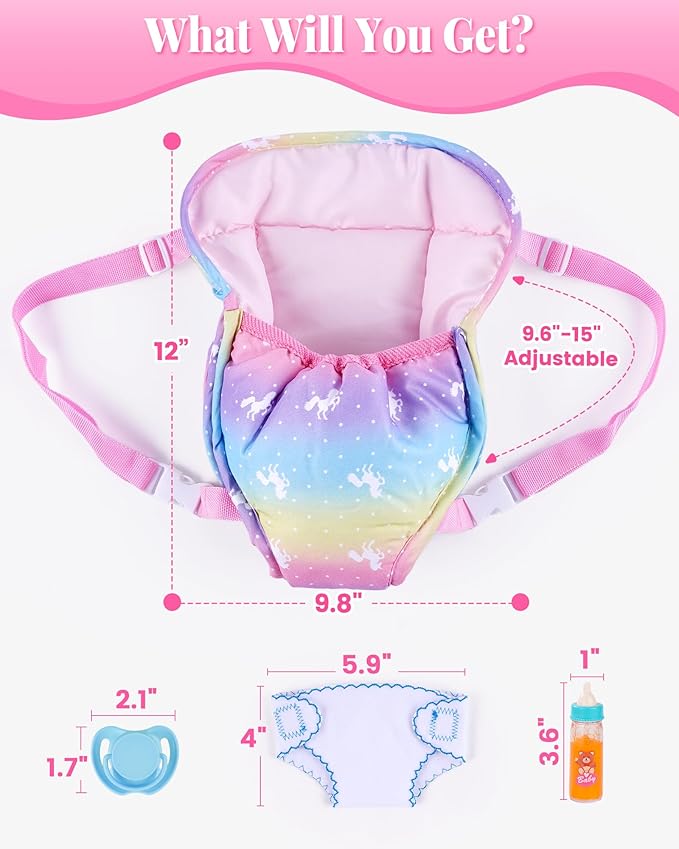 BABESIDE Baby Doll Accessories, Doll Carrier with Magic Bottle, Doll's Diaper, Pacifier – Baby Dolls Accessories Set for 12-15 Inch Dolls, Pretend Play Gift for Girls Boys Ages 3+