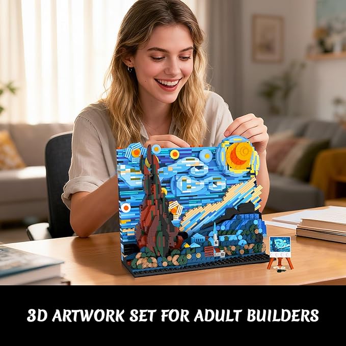 The Starry Night Building Set with LED Lights - 1501PCS Artwork 3.6MM Mini Blocks Building Sets for Adults, Famous Paintings Architecture Projects Home Art Decor Easter Gift for Men Women