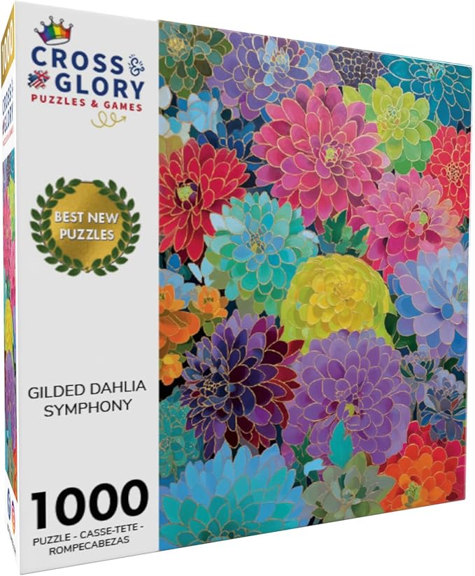 Cross & Glory – Gilded Dahlia Symphony – 1000 Piece Jigsaw Puzzle for Adults | Vibrant Floral Mosaic Art Puzzle | Gold Foil Dahlia Artwork | Premium Ribbon-Cut Puzzle with Satin Finish