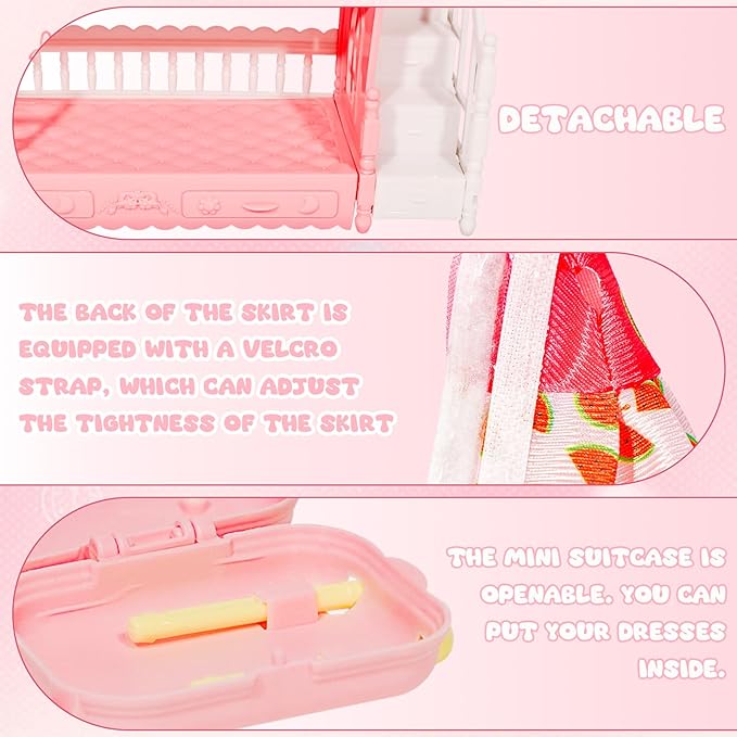 43 Pcs 18 Dresses and Accessories Mini Bunk Bed Travel Suitcase with 2 Pillows, 10 Hangers,1 Sunglasses, 1Headset, Pink Computer Set
