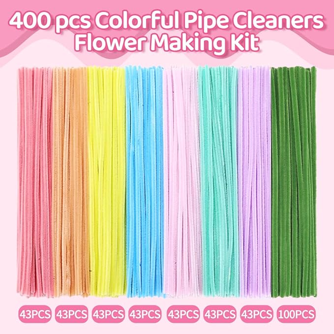 Praisebank Pastel Pipe Cleaners for Crafts (400pcs with Instruction), Flower Making Kit, Chenille Stems for DIY Projecets, Arts & Crafts Supplies for Festival Party Decorations