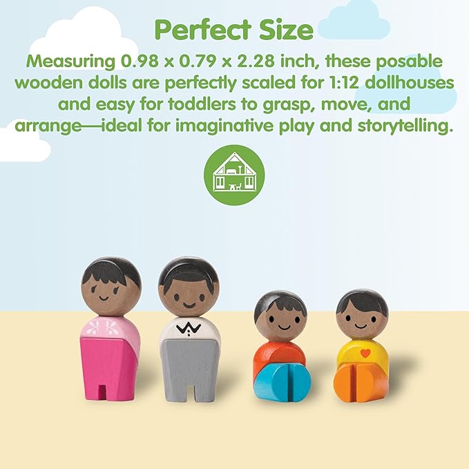 PlanToys® Family Wooden Dollhouse Figurine Set | 4 Poseable 1:12 Scale Mini Dolls (Parents & Kids) | Dollhouse Accessories for Pretend Play | Eco-Friendly Montessori Toy for Kids Ages 3+