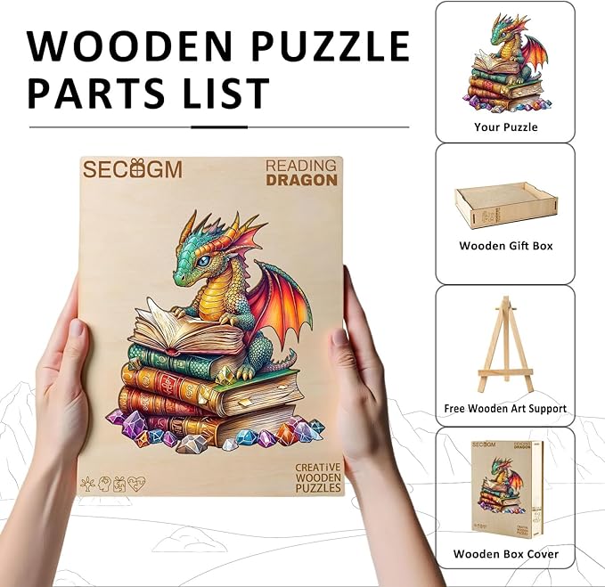 Wooden Puzzles for Adults - Reading Dragon Wood Puzzles Adult - Unique Animal Shape Wooden Jigsaw Puzzles for Adults - Birthday Gifts for Puzzle Lovers, Family (11.4 * 11.4in - 200 Pieces)