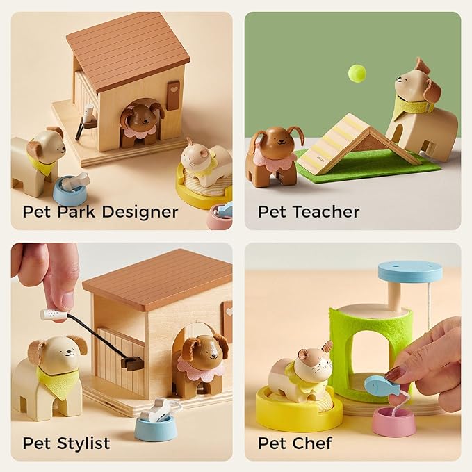 Tiny Land Wooden Dollhouse Animal Set for Toddlers, Dollhouse Accessories & Dolls House Furniture Sets for Toddlers, Montessori Pretend Play Family Pets Set Toys, Gift for Kids Age 3+