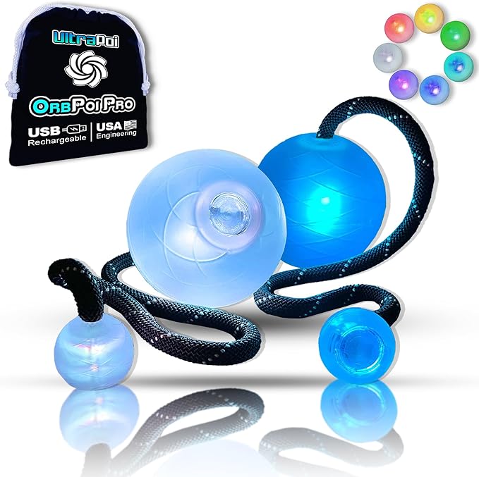 OrbPoi Pro Set - Orb Poi Pro w/LED UltraKnob Pro Handles - USB Rechargeable Contact LED Poi Balls w/40+ Color Modes & Patterns - LED Poi Spinning Balls w/Soft Durable Cases - Flow Arts Toy, UltraPoi