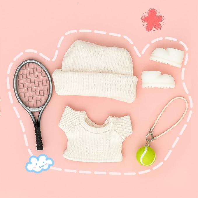 17cm Doll Clothes for Lububu Dolls，Designer Jerseys Clothes Suitable for lububu Dolls Outfits and Accessories Set， Includes top + Pants + Tennis Racket + Ball Charm + Shoes (White)