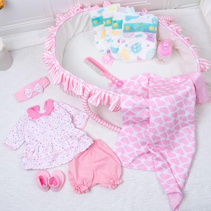 10 Pcs Reborn Baby Doll Clothes Pink Outfit Accessories for 16-18 Inch Reborn Dolls Newborn Baby Girl Clothes Set with Bassinet