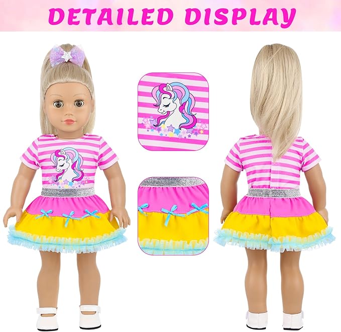 ECORELF 18 Inch Amercian Doll Clothes, 2 Set Girl Doll Clothes and Accessories for 18 Inch Dolls 7 Pcs Include Dress, Hair Clip , Phone, Shoes, Sticker, Top and Mini Skirt