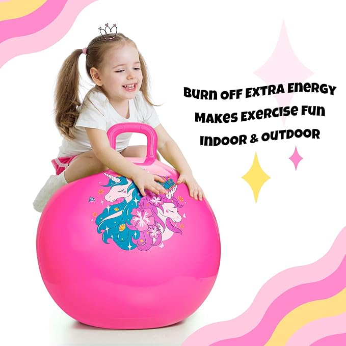 ZOOJOY Hopper Ball, Pink Bouncy Balls for Kids, 18 Inch Sit on Jumping Toys with Handle for Girls Gift Aged 3-8, Inflatable Unicorn Bounce Hopper Balls Toy with Pump