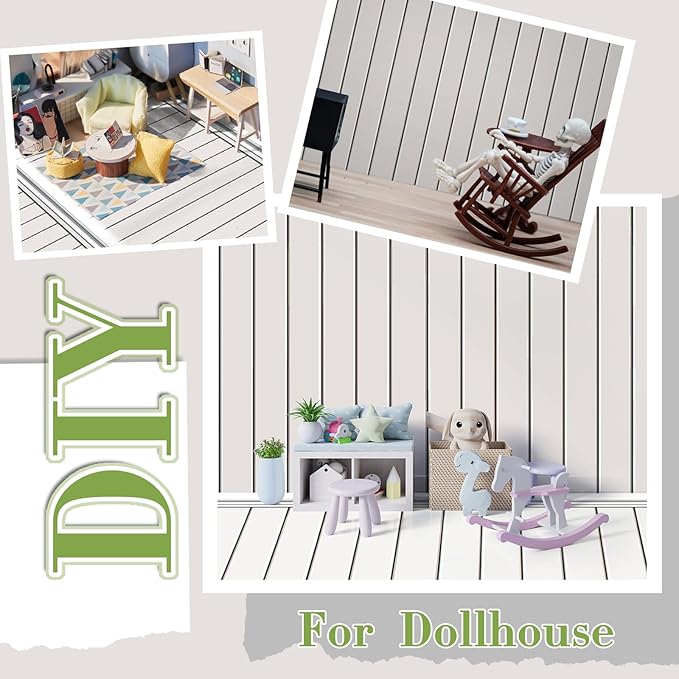 Flutesan 12 Pcs Miniature Dollhouse Wallpaper and Flooring Peel and Stick Mini DIY Self Adhesive Dollhouse Accessories 8.27 x 11.69 Inch (Wood Paneled Wall)