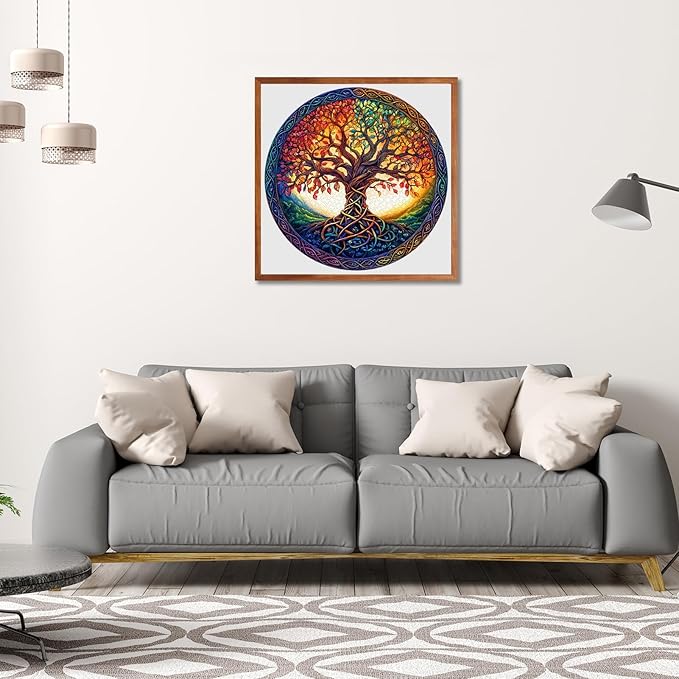 Tree of Life Puzzles for Adults 1000 Pieces - Stained Glass Jigsaw Puzzle with 3D Visual Effect, Challenging Colorful Mosaic Puzzle with Letters on Back, Challenging Hard Difficult Round Puzzles Games
