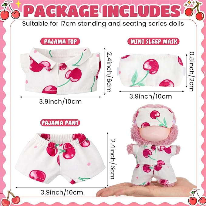 Simgoing 17cm Doll Clothes Pajamas Set with Pants Eye Mask Good Night Bedding Clothes Outfit Gifts Fits 17cm Dolls Accessories for DIY Dress up Lovers(Cute Cherry)