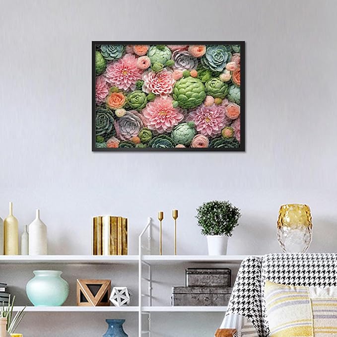 Succulents Puzzles for Adults 1000 Pieces, Pink Flowers Jigsaw Puzzles, Floral Adult Puzzle for Adults, Educational Fun Games or Toys for Elders Friends 20X27 INCH