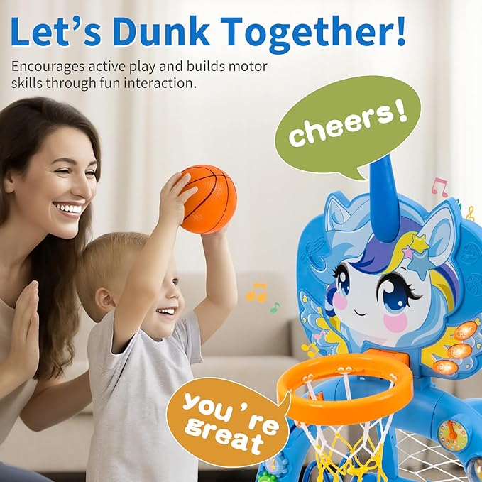 Unicorn Sports Play Set for Toddlers – Blue Basketball Hoop & Soccer Goal with Ring Toss | Indoor Outdoor Activity Center Toy for 1-3 Year Old Boys Girls | Birthday Gift Idea