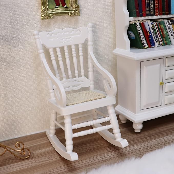 Dollhouse Miniature Rocking Chair 1:12 Scale Wooden Furniture Accessories Tiny Mini House Home Outdoor Decoration Model Living Room Scene Christmas Craft Displays (White)
