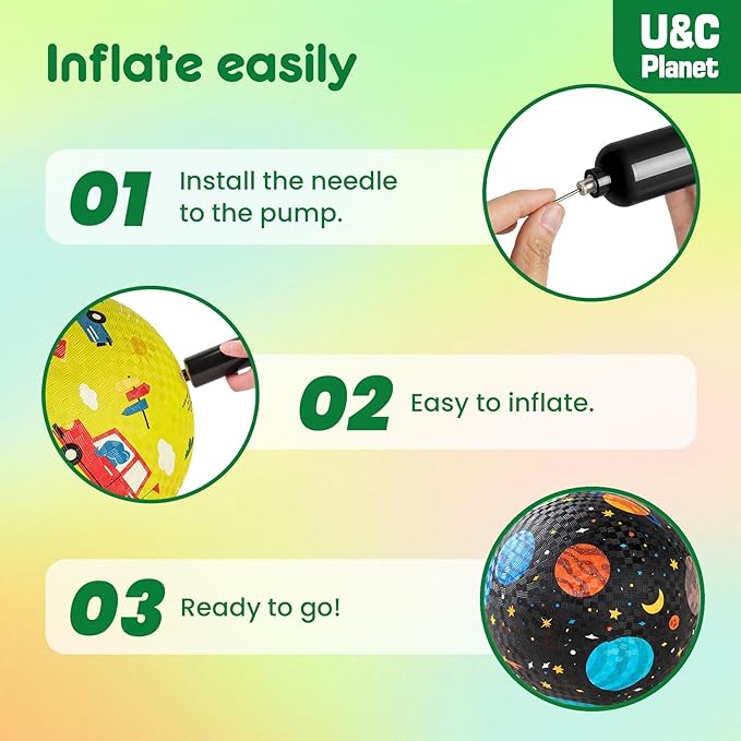 U&C Planet Playground Balls for Toddlers 1-3, 2 Pack 6 inch 8.5 inch Kickball for Kids Outdoor Indoor, Catoon Rubber Balls with Pump, Child Gift for Boys Girls 1-3 3-5 5-10