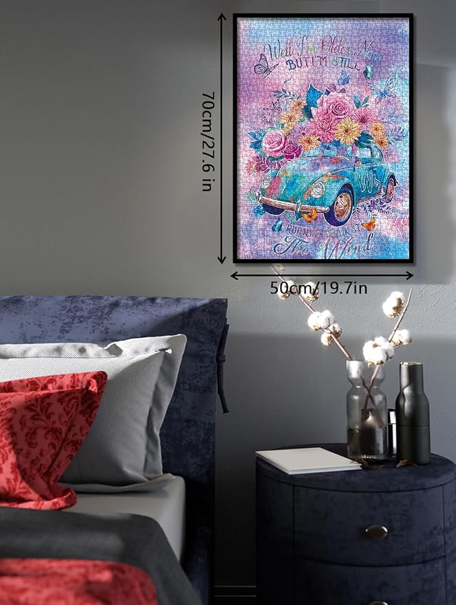 Colorful Car Flower Puzzles for Adults 1000 Pieces, Gradient Inspirational Plant Art Jigsaw Puzzles, Beautiful Butterfly Floral Impossible Aesthetic Puzzle