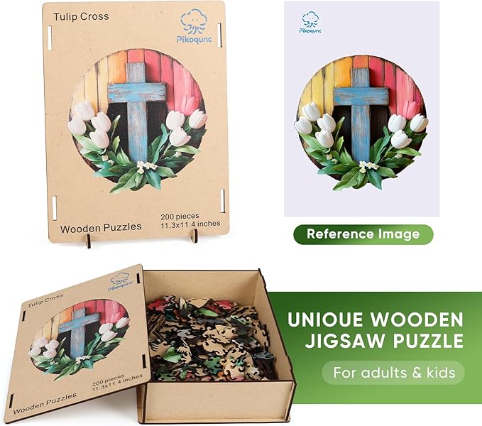 Pikoqunc Wooden Puzzles for Adults,201 Pieces 11.4x11.3 Inches,Tulip Cross Laser-Cut Jigsaw with Premium Smooth Wood Texture,Relaxing Art Puzzle Gift for Friends and Family in Exquisite Box