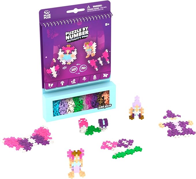 PLUS PLUS Puzzle by Number Activity Pad, Kids Travel Activities, Interlocking Mini Building Blocks, 3D Puzzle Stem Toy for Kids - Enchanted Forest