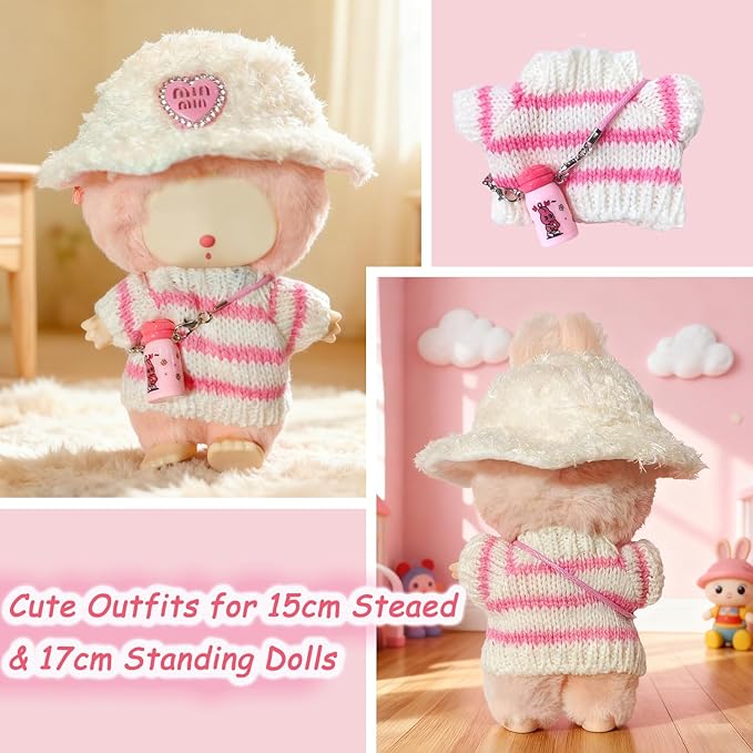 Doll Clothes for 17cm lububu, Designer Outfit Set with Hot Pink Hand-Crocheted Sweater , Hat & Mini Water Bottle Accessories,Cute Ropa Clothing for 15cm Have a Seat 2.0 Series Doll Girl Dress-Up