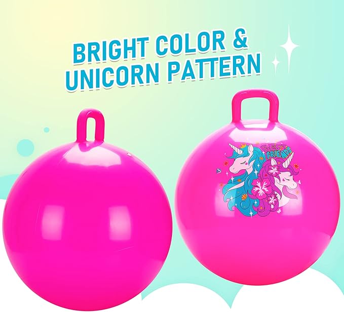 U&C Planet Hopper Ball 18 inches Bouncy Ball with Handle for Kids Age 3-6, Sit on Bounce Jumping Hopping Toy with Pump, Great Toddler Girls Toys for Birthday Gifts, Pink Unicorn
