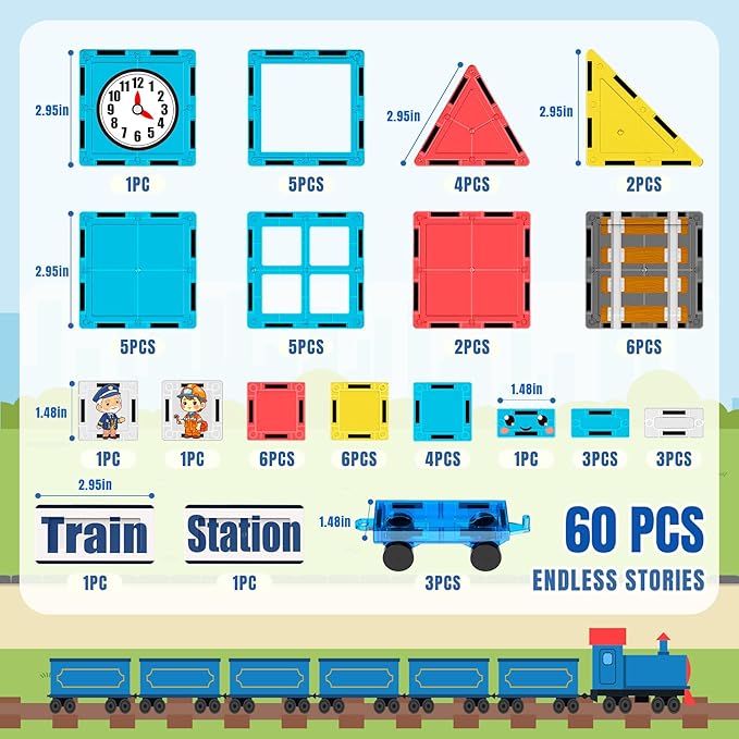 Magnetic Tiles Train Toys, Train Station Magnet Tiles for Kids Ages 4-8 with Magnetic Tiles Cars, Preschool Classroom Educations STEM Learning Montessori Toys Gifts for Toddler Boys and Girls