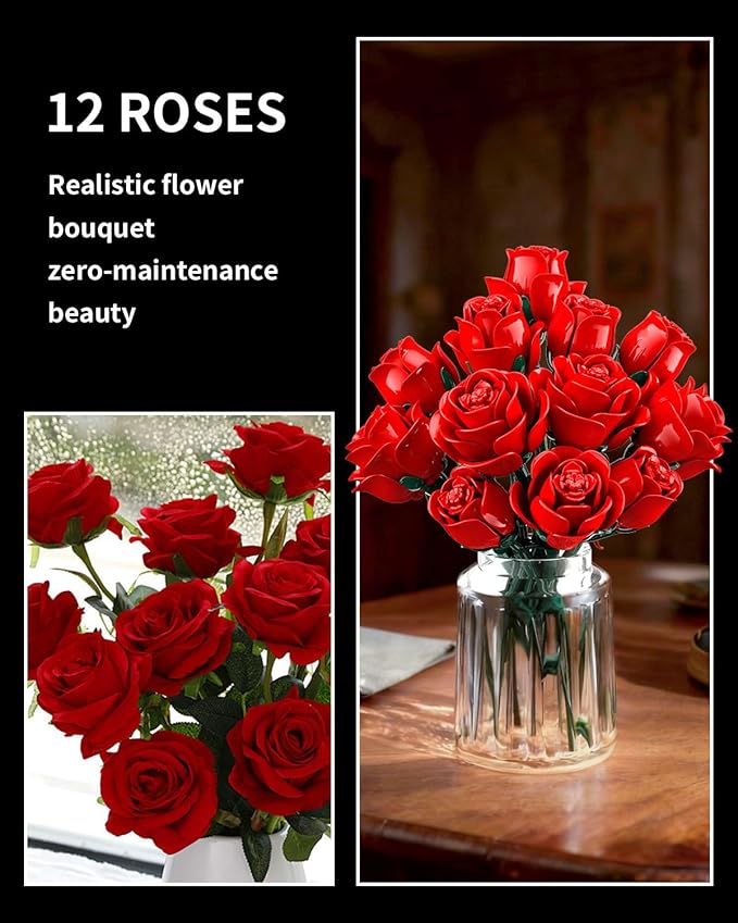 Red Rose Bouquet Building Set, 12 Artificial Roses Flower Building Blocks for Adult Women, Botanical Collection Home Decor Romantic Gift for Mother's Day Valentine's for Adults Girls (512 PCS)