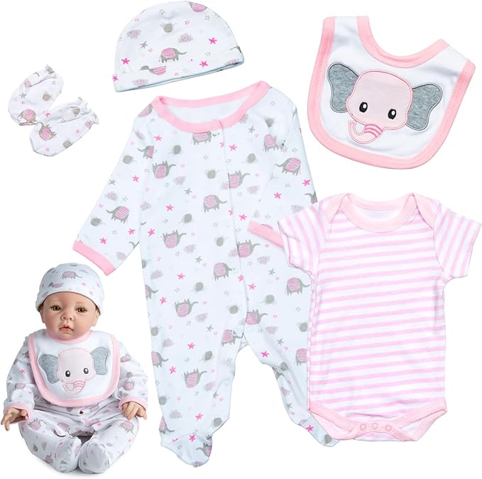 Reborn Silicone Baby Doll Clothes Realistic Outfits for 17-22 Inch Reborn Dolls Girl Pink Elephant Dolls Clothes Accessories 5-Piece Set