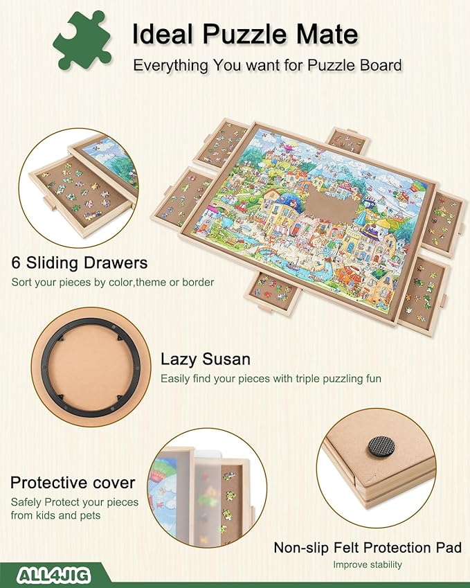 ALL4JIG 1000 Pieces Rotating Puzzle Board with 6 Drawers and Cover,22"x30"Portable Wooden Jigsaw Puzzle Table for Adults,Lazy Susan Spinning Puzzle Boards Birthday Gift for mom