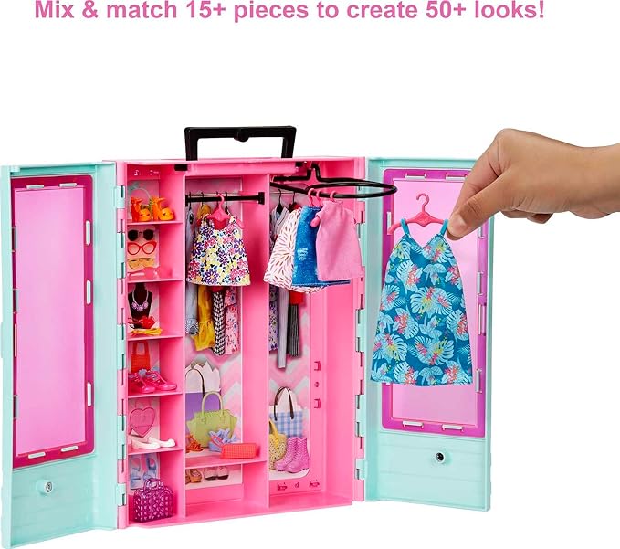 Barbie Closet Playset with 3 Outfits, 3 Pairs of Shoes, 2 Purses, Necklace and Sunglasses Accessories, 5 Hangars, Gift for 3 to 8 Years Old