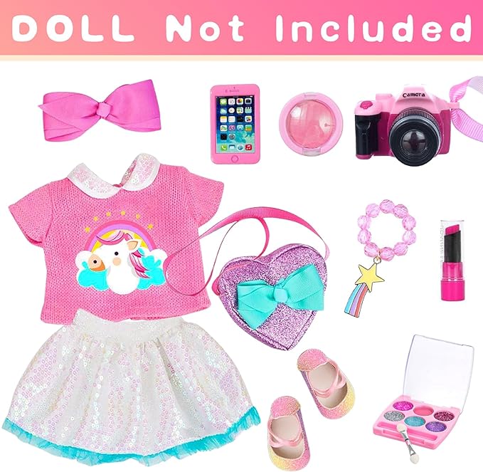 American 18 Inch Doll Clothes and Makeup Accessories Set - Includes Top and Skirt, Bag,Camera,Cell Phone,Eye Shadow,Blush,Bracelet,Lipstick,Bow Hair Clips (NO Doll)