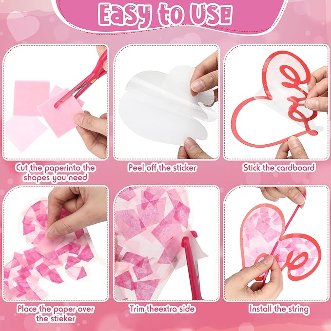 Feifeiya 24 Sets Valentine's Day Crafts for Kids Pink Heart Suncatcher Stained Glass Effect Tissue Paper Crafts Hanging Ornaments Kit for Valentine Party Favors Classroom DIY Art Project Supplies