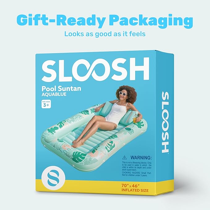 SLOOSH Inflatable Tanning Pool Lounger Float, 70" x 46" Pool Floats Adult with Pillow, 4 in 1 Suntan Tub Raft Floatie,Sunbathing Bed Lounge for Water Blow Up Ball Pit Party Gifts, L-Aqua Blue