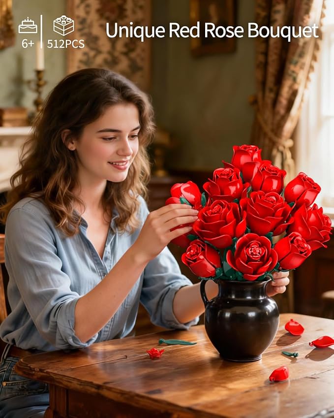 Red Rose Bouquet Building Set, 12 Artificial Roses Flower Building Blocks for Adult Women, Botanical Collection Home Decor Romantic Gift for Mother's Day Valentine's for Adults Girls (512 PCS)