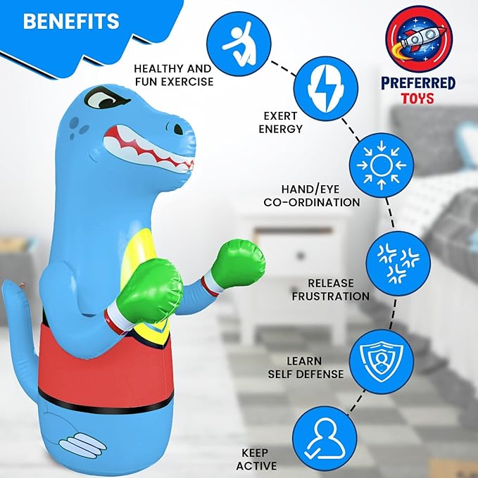 47" Inflatable Dinosaur Punching Bag for Kids - Durable Blow Up Kids Punching Bag with Bounce Back Base - Inflatable Indoor Outdoor Active Toddler Bop Play Toy