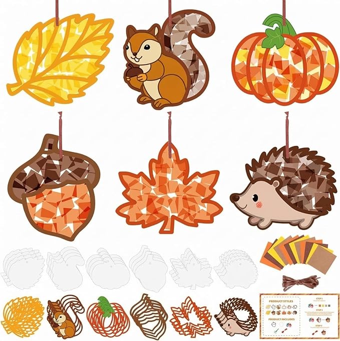 Feifeiya 24 Sets Fall Crafts Kit DIY Autumn Paper Crafts with Colored Tissue Paper Sticker Tools Fall Harvest Pumpkin Leaf Acorn Squirrel Suncatcher Ornaments for Classroom Thanksgiving Activity Arts