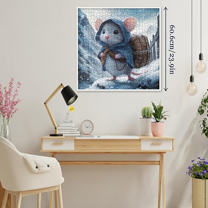 Funny Mouse Puzzles for Adults 1000 Pieces, Cute Winter Animal Art Jigsaw Puzzles, Difficult Aesthetic Challenging Snowy Puzzle