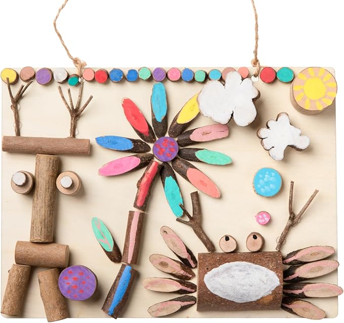 LAZACA Arts and Crafts Kit Wooden Creativity Painting Set for Kids, DIY Loose Part Play Projects Parties Camping Homeschool Supplies, Unfinished Natural Wood Slices Sticks Set for 5+ Size-21X17X4cm
