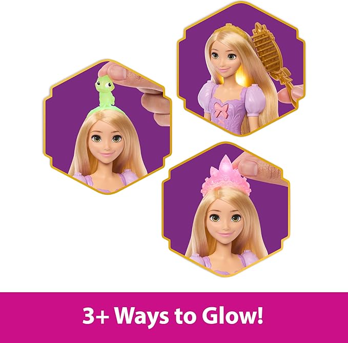 Mattel Disney Princess Rapunzel Fashion Doll w/Light-Up Hair & 4 More Ways to Glow, Pascal Figure & 7 Styling Accessories, Inspired by Tangled Movie