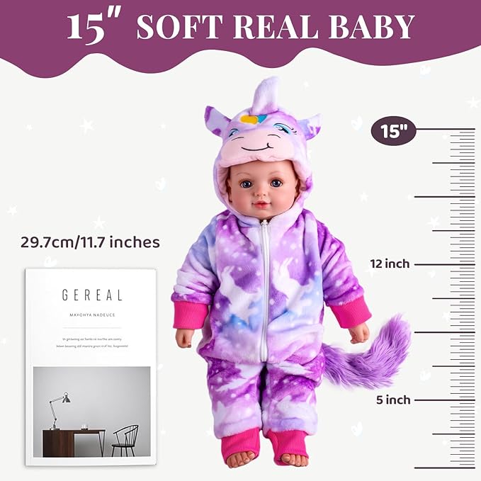 BABESIDE Baby Doll Girl - 15-Inch Realistic Baby Doll with Blue Eyes, Soft Body in Unicorn Outfit Life Like Baby Dolls That Look Real for 4 5 6 7 8 9 Years Girl, Birthday Gift and Pretend Play
