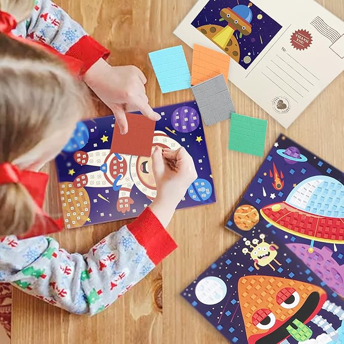 LZHZH Mosaic Sticker Art for Kids - 6 Pack Space Adventure DIY Craft Kits with Astronaut, Rocket, Space Station, Alien, Spacecraft, Robot, Easy Peel Stickers for Ages 3-8