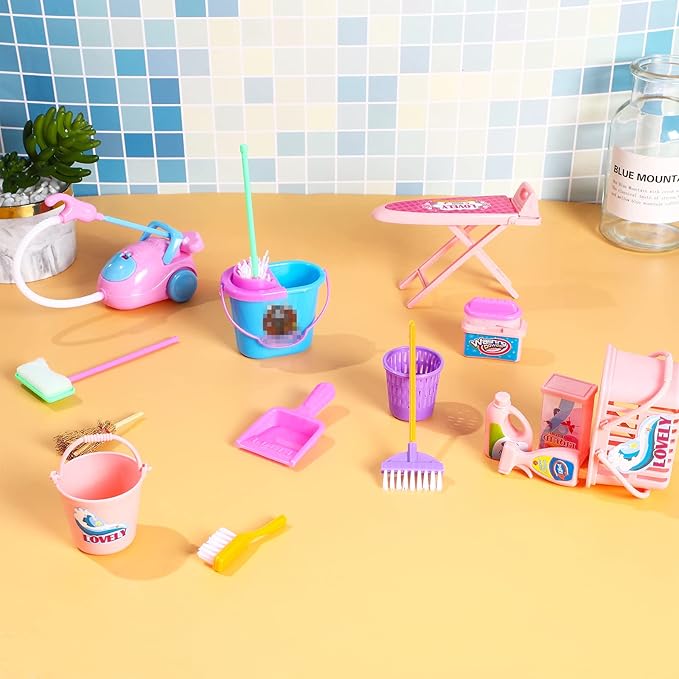 ONEST 18 Pieces Doll Housework Cleaning Supplies Miniature Mini Dollhouse Accessories Dollhouse Furniture Decoration Accessories for Dolls Pretend Play