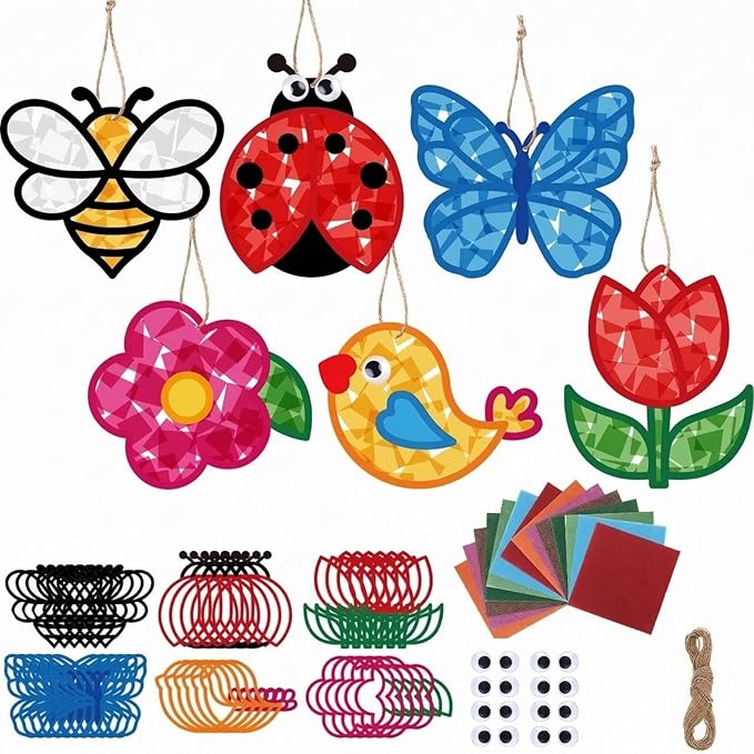 24 Sets Spring Crafts Kit DIY Flower Paper Crafts with Colored Tissue Paper Stickers Floral Bee Insect Butterfly Ornaments Suncatcher for Window Classroom Activity Project Party Gifts Home