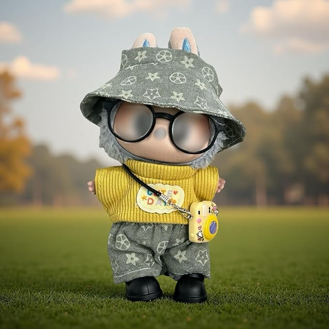 17cm Doll Clothes for lububu,Designer Clothes Suitable for lububu Dolls Outfits and Accessories Set,Including Top +Pants+Hat+Glass+Bag(Two Types of Random Distribution)+Shoes 6PCS,Not Doll(Yellow)
