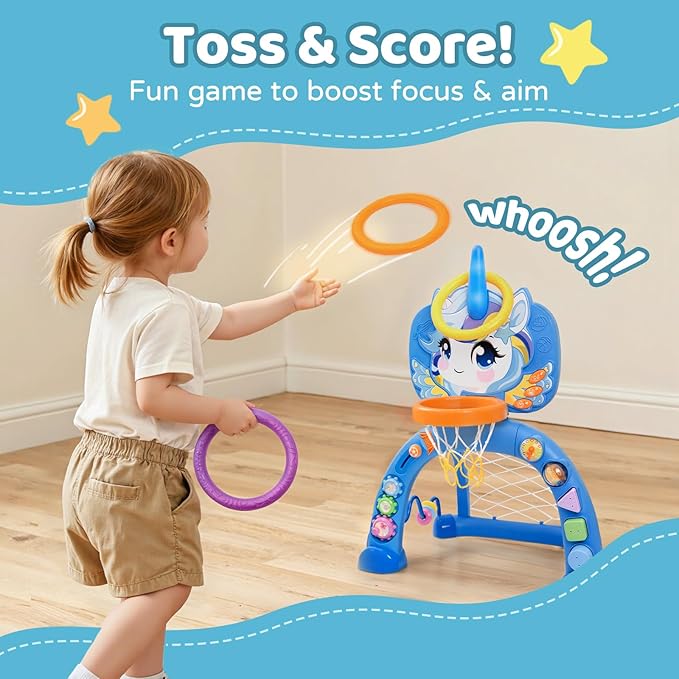 Basketball Hoop & Soccer Goal for Toddlers – 3-in-1 Sports Play Set with Ring Toss | Indoor Outdoor Activity Toy for 1 2 3 Year Old Boys | Birthday for Active Play (Blue)